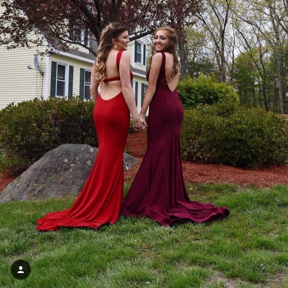Jovani burgundy jersey prom dress